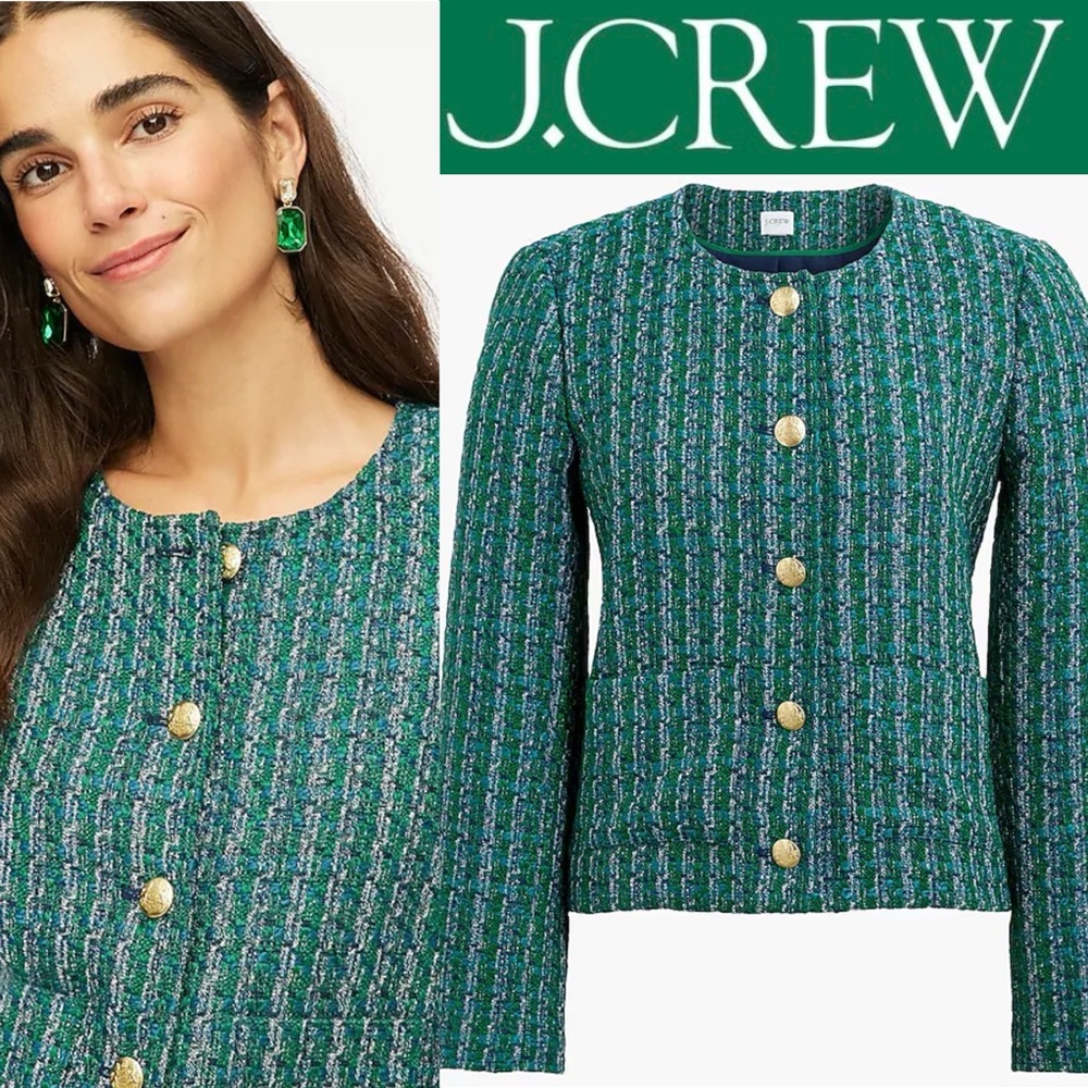 J. Crew Factory Emerald Tweed Blazer with Gold Buttons